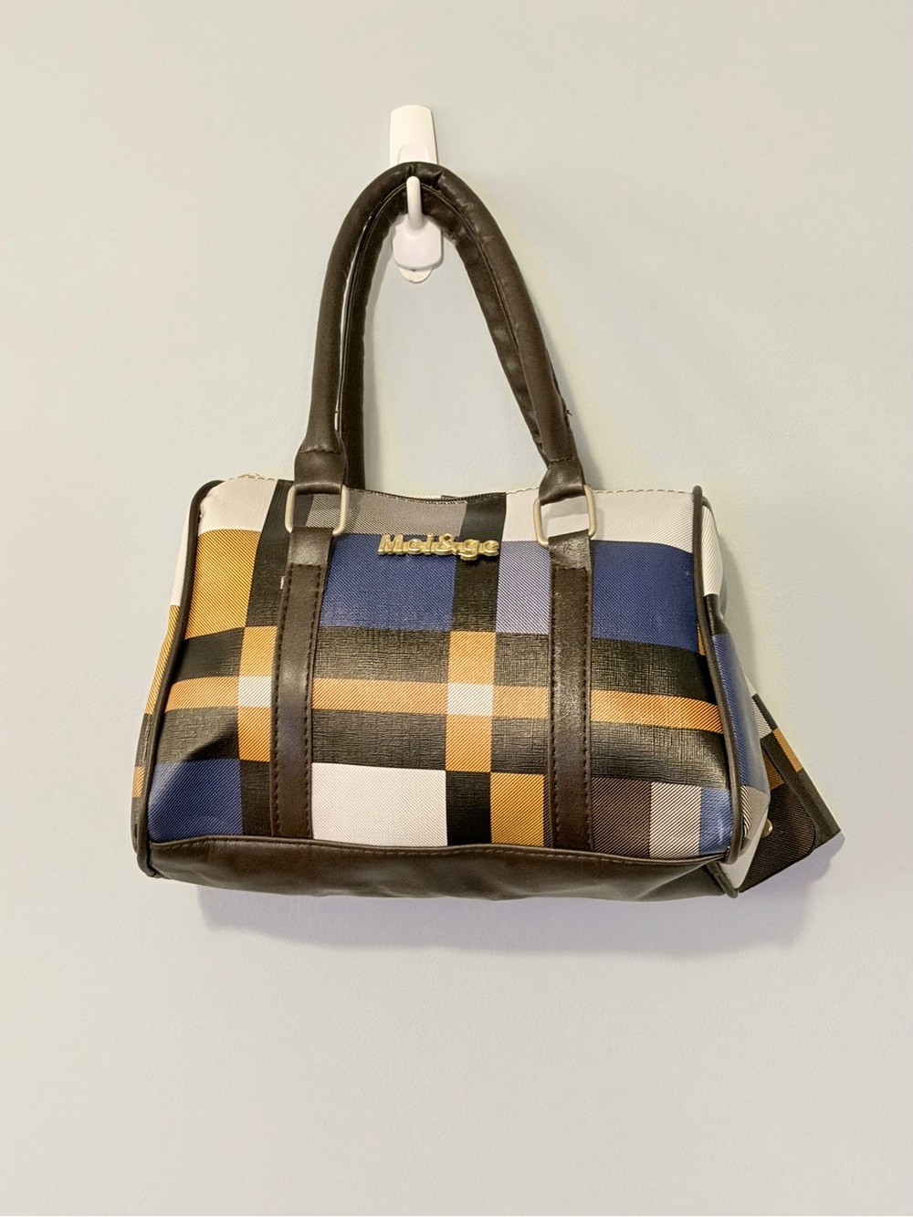 Plaid Satchel Handbag in Blue, Black & Tan